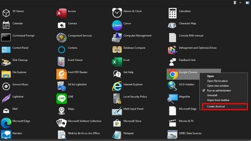 Click chuột phải ứng dụng > Chọn Create shortcut > Ok