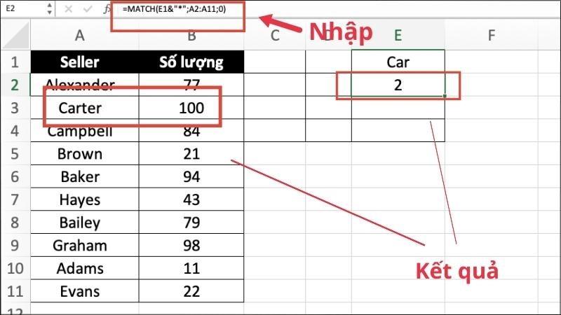 Sử dụng hàm Match với ký tự đại diện (*) sẽ cho ra kết quả là 2