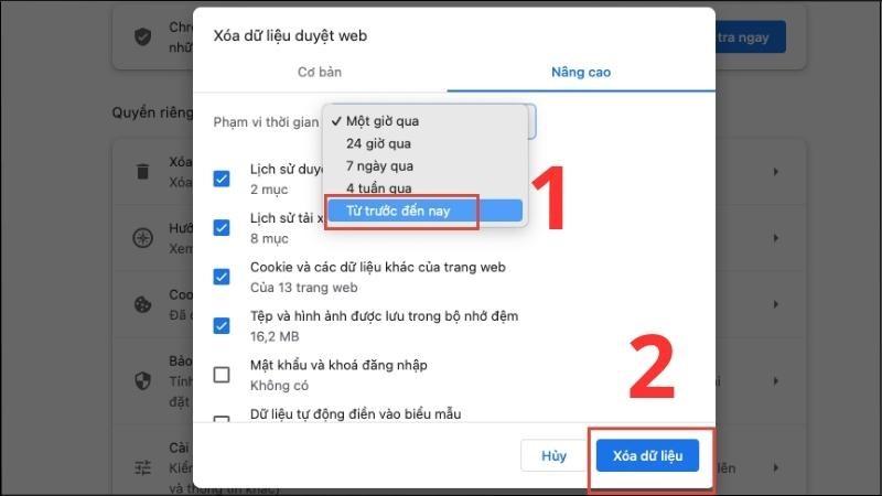 Tại mục Phạm vi thời gian chọn Từ trước đến nay > Chọn Xoá dữ liệu