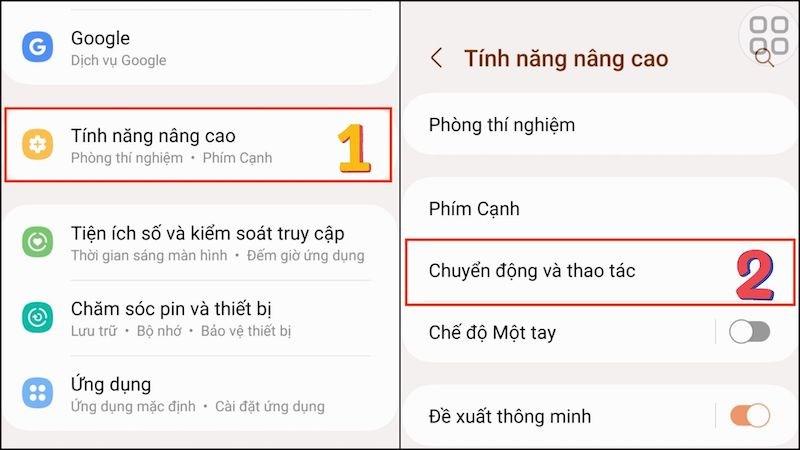 Vào tính năng nâng cao và chọn chuyển động và thao tác