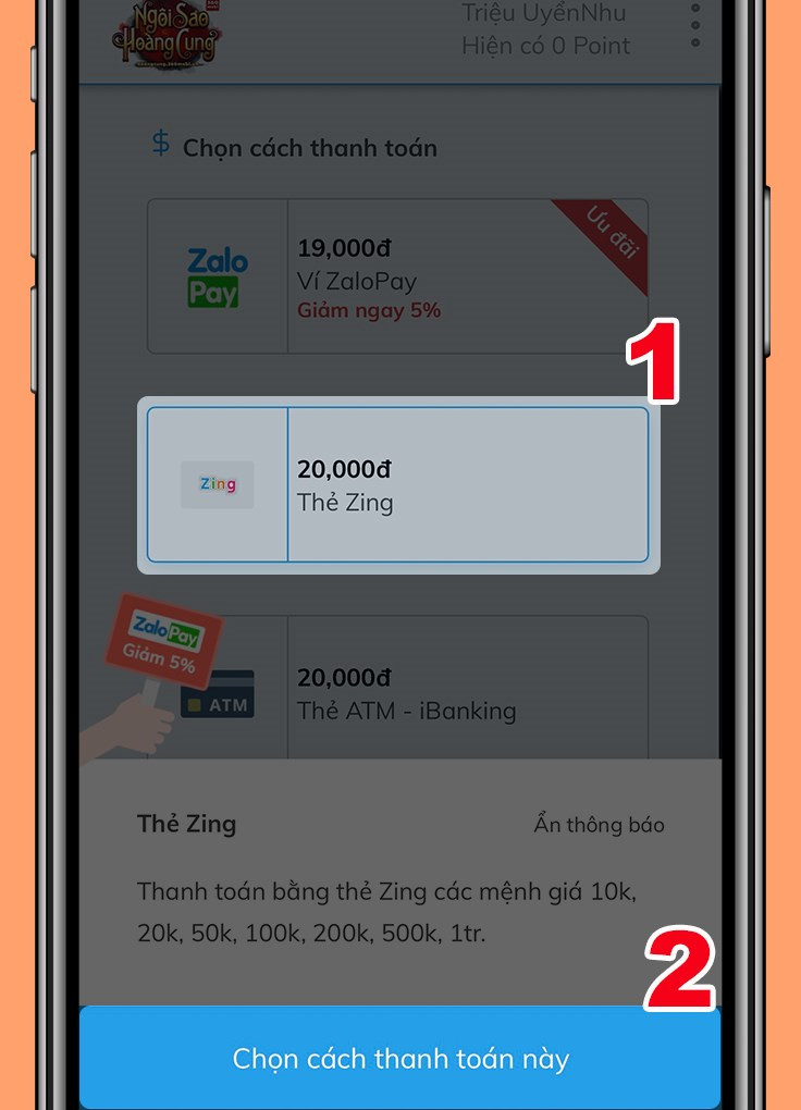 Hướng Dẫn Nạp Thẻ Ngôi Sao Hoàng Cung 360mobi Qua ZingPay Chi Tiết Nhất