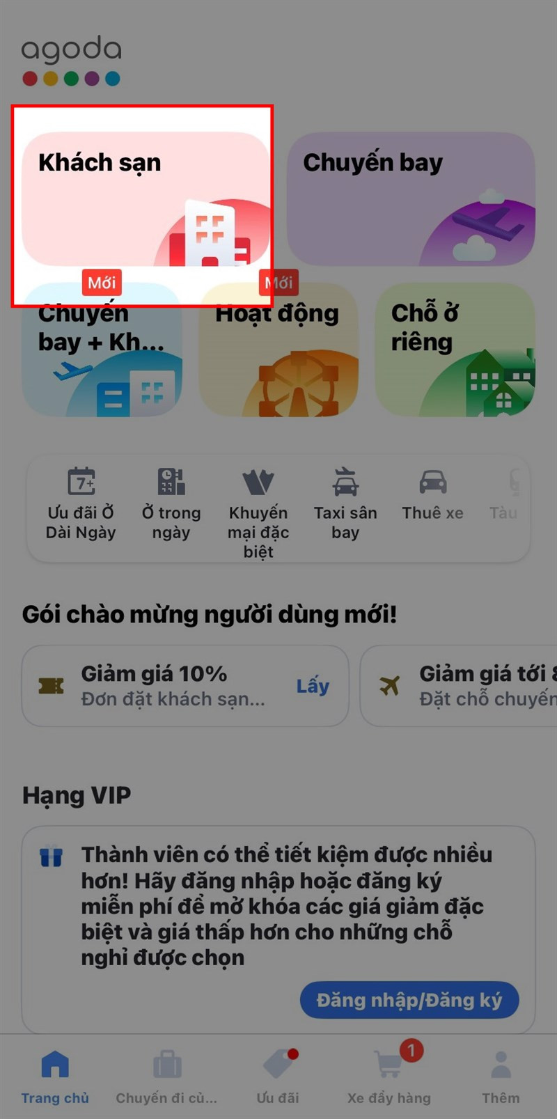 alt: Bước 1: Mở ứng dụng Agoda và chọn Khách sạn