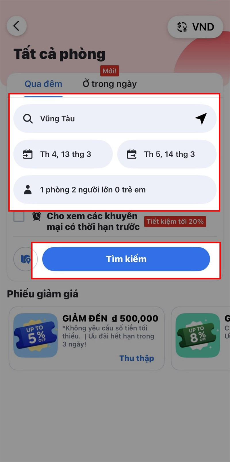 alt: Bước 2: Nhập thông tin tìm kiếm khách sạn