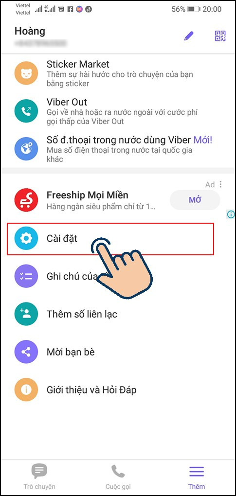 alt: Chọn mục "Cài đặt" trong Viber