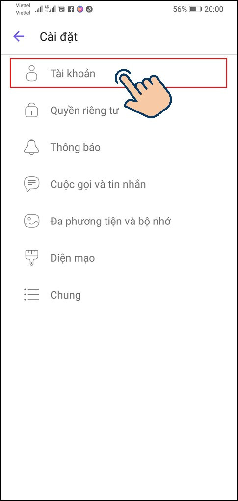 alt: Chọn mục "Tài khoản" trong Cài đặt Viber