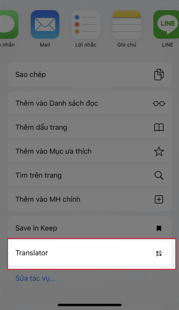 Alt: Chọn Translator trong menu chia sẻ