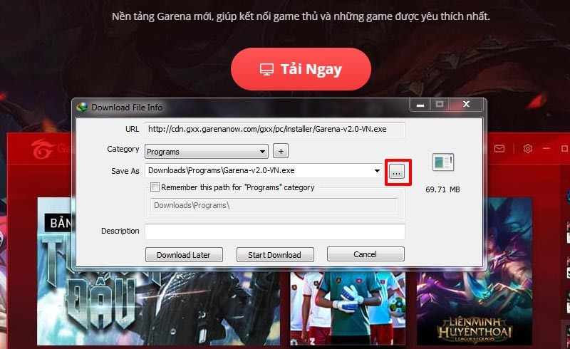 alt: Chọn vị trí lưu file cài đặt Garena