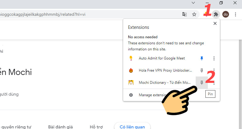 alt: Ghim tiện ích Mochi Dictionary trên trình duyệt