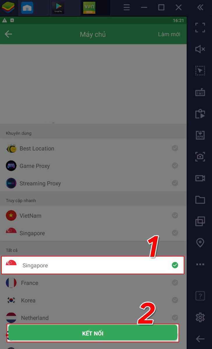 Alt: Giao diện chọn vùng Singapore trong ứng dụng Kiwi VPN.