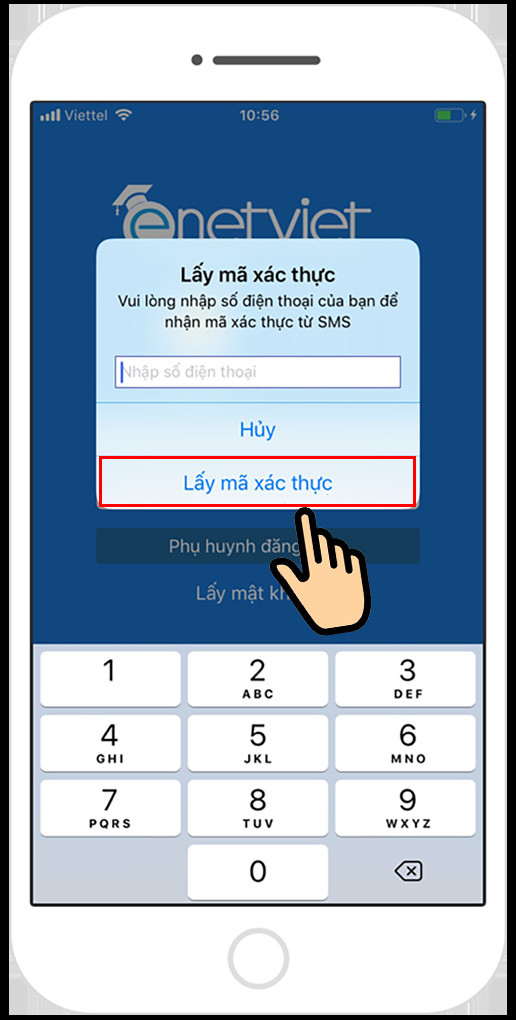 alt: Giao diện đăng nhập eNetViet trên điện thoại, yêu cầu nhập số điện thoại đã đăng ký với nhà trường.