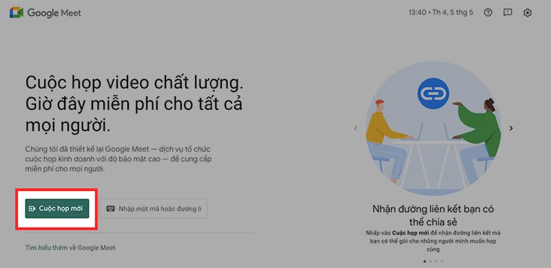 alt: Giao diện tạo cuộc họp mới trên Google Meet