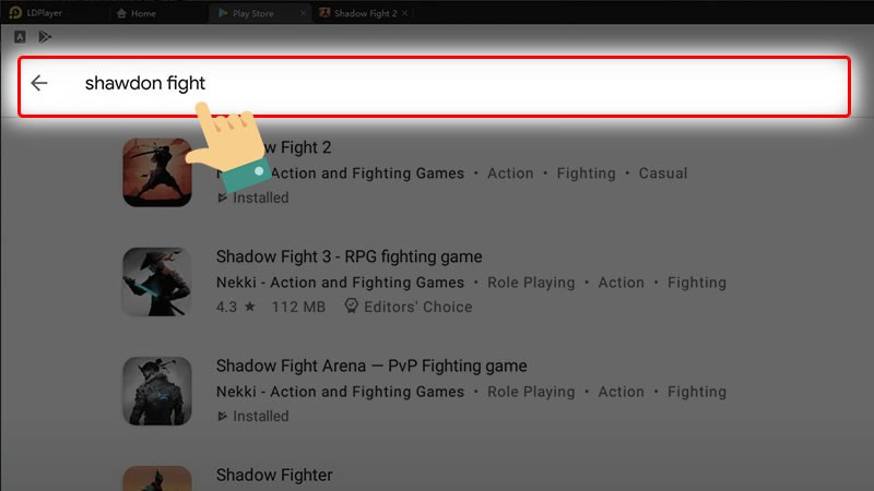 alt: Giao diện tìm kiếm Shadow Fight 2 trên LDPlayer