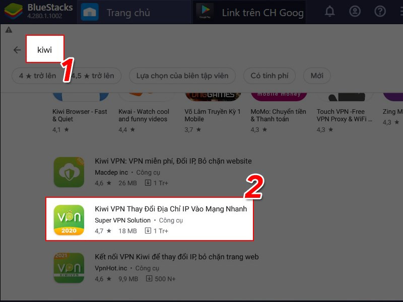 Alt: Giao diện tìm kiếm ứng dụng Kiwi VPN trên BlueStacks.