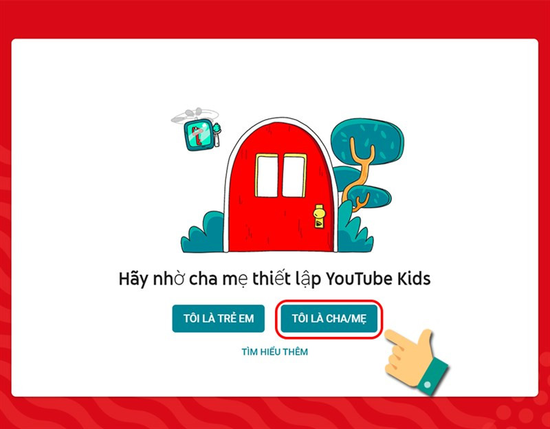 alt: Giao diện trang chủ YouTube Kids trên máy tính với nút "Tôi là cha mẹ"