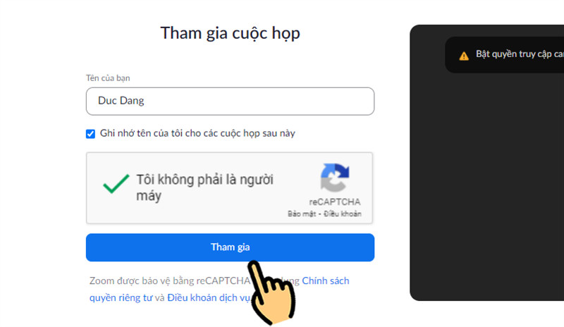 Alt: Hình ảnh giao diện nhập tên và xác nhận "Tôi không phải người máy" trên Zoom