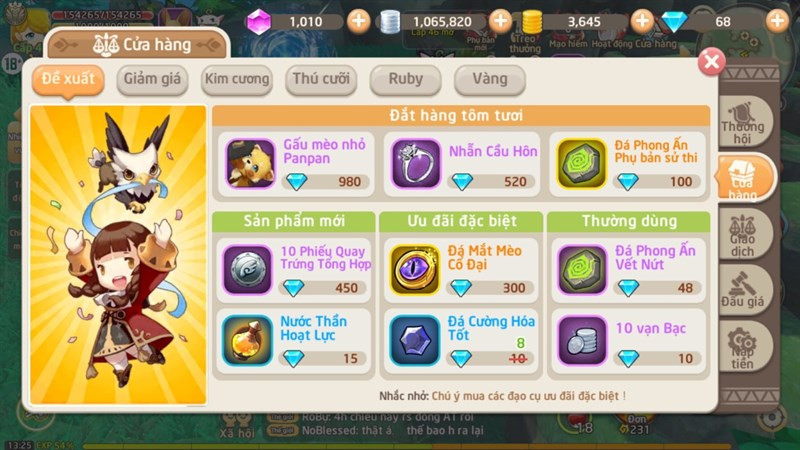 Alt: Hình ảnh minh họa Cash Shop trong game với các vật phẩm và giá tiền niêm yết