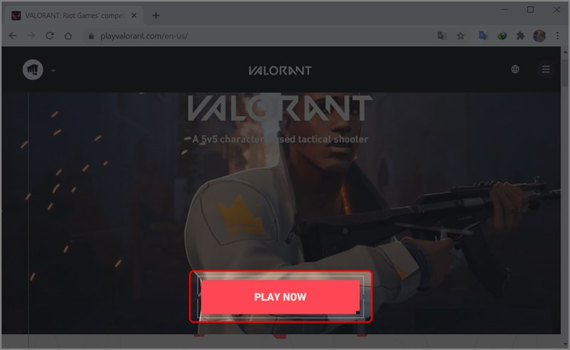 alt: Hình ảnh trang chủ Valorant với nút "Play Now"