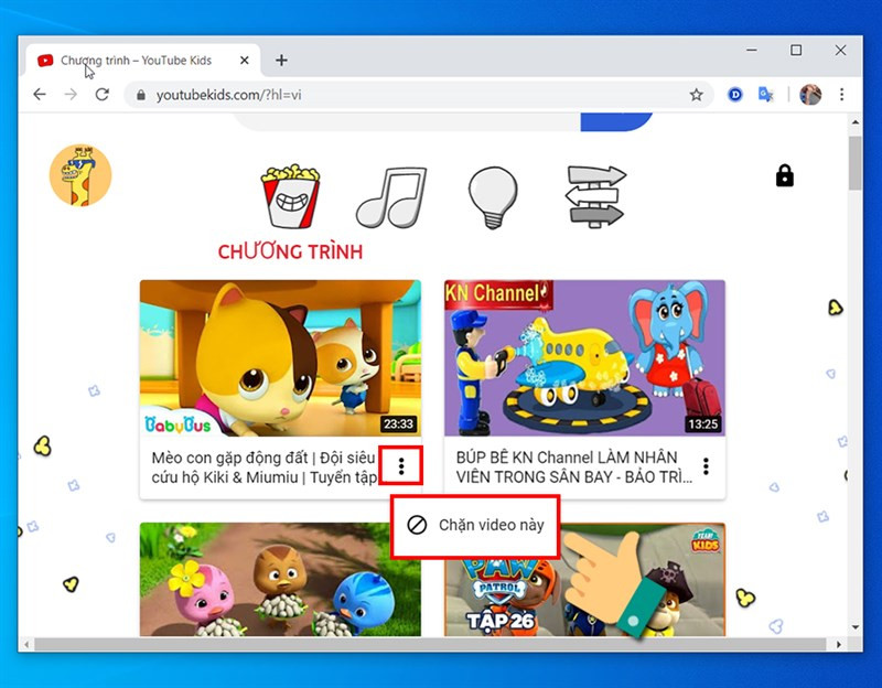 alt: Hướng dẫn chặn video không phù hợp trên YouTube Kids bằng cách nhấp vào biểu tượng ba chấm