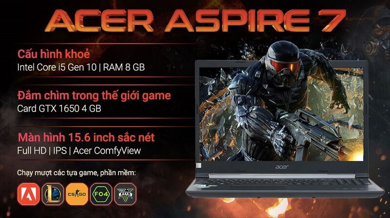 alt: Laptop Acer Aspire 7 Gaming, lựa chọn tốt cho game thủ.