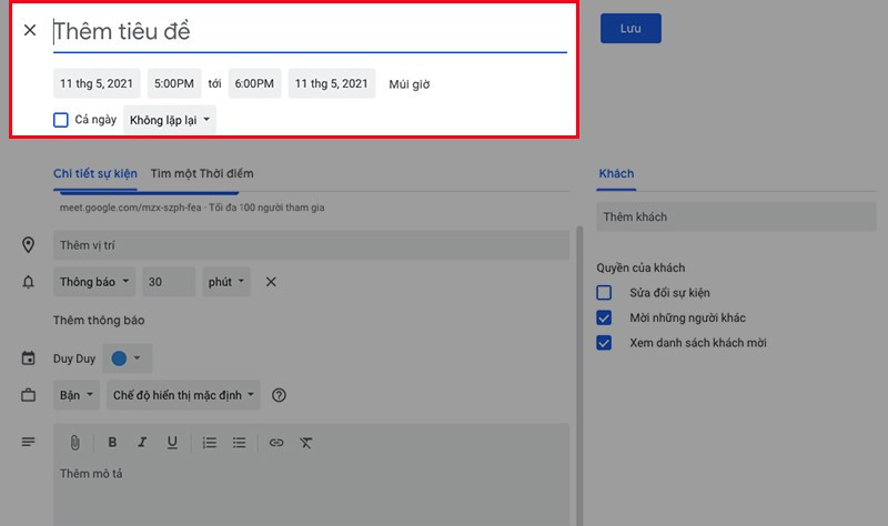 alt: Lên lịch họp trên Google Calendar