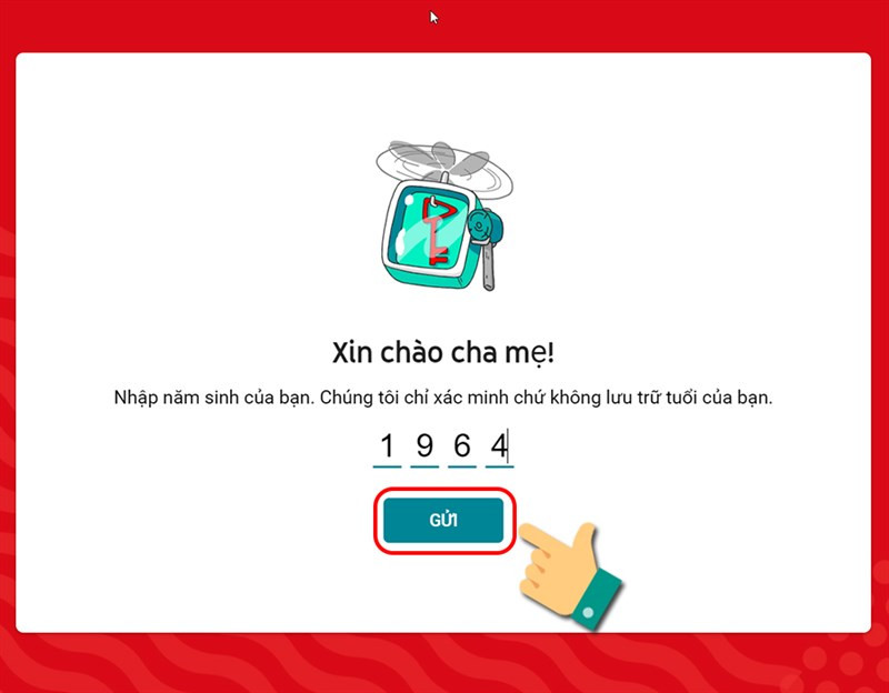 alt: Màn hình nhập ngày sinh để xác minh tài khoản cha mẹ trên YouTube Kids