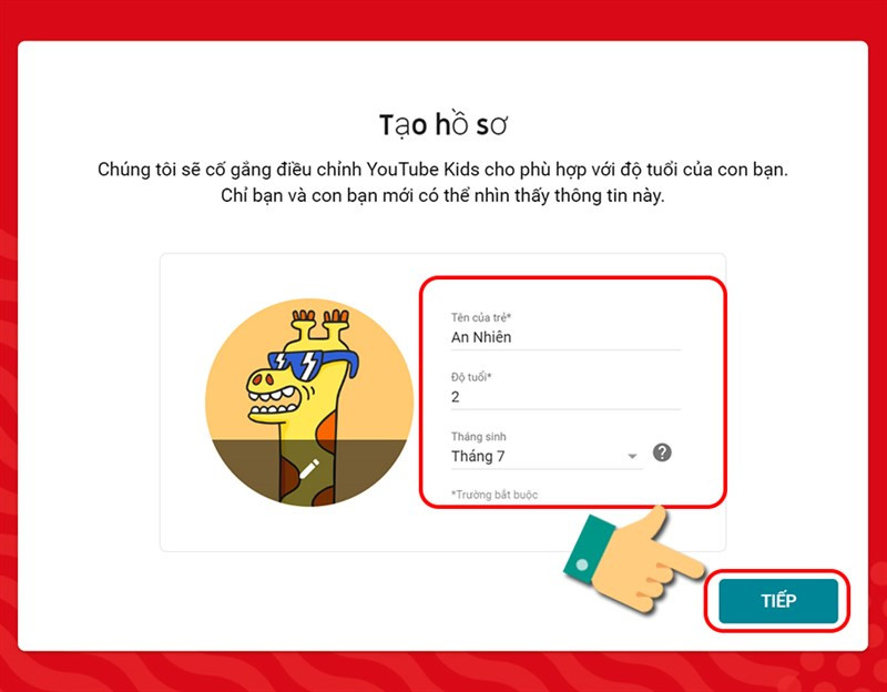 alt: Màn hình nhập thông tin của bé trên YouTube Kids bao gồm tên, tuổi và tháng sinh