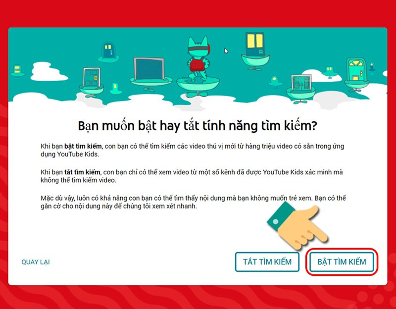 alt: Màn hình thiết lập tính năng tìm kiếm trên YouTube Kids với tùy chọn bật/tắt