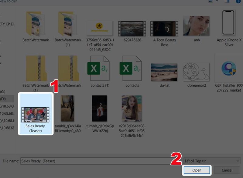 alt: Nhấn Open để mở video đã chọn