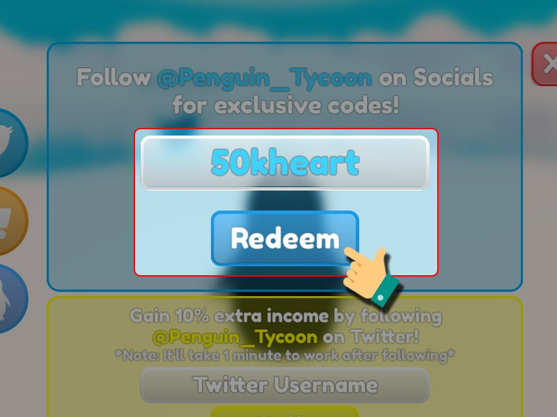 Alt: Nhập code Penguin Tycoon và nhấn Redeem