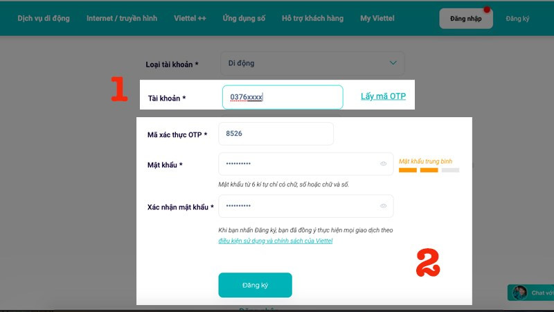 alt: Nhập số điện thoại và mã OTP để đăng ký My Viettel trên máy tính