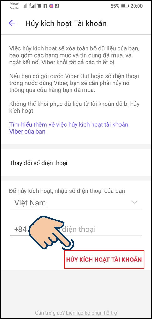 alt: Nhập số điện thoại Viber và xác nhận huỷ kích hoạt