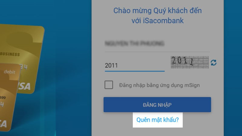 alt: Nút "Quên mật khẩu" trên giao diện Internet Banking Sacombank