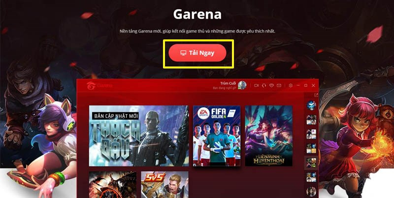 alt: Nút tải ngay trên trang chủ Garena