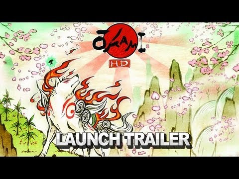 alt text: Amaterasu, nữ thần sói trắng, trong Okami HD