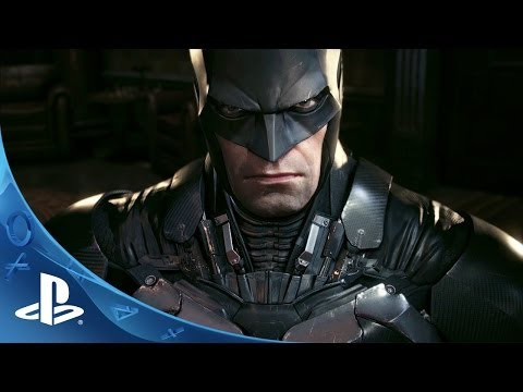 alt text: Ảnh chụp màn hình game Batman: Arkham Knight, Batman đang bay lượn trên thành phố Gotham