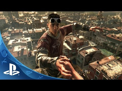 alt text: Ảnh chụp màn hình game Dying Light, nhân vật đang nhảy qua một khoảng trống giữa hai tòa nhà