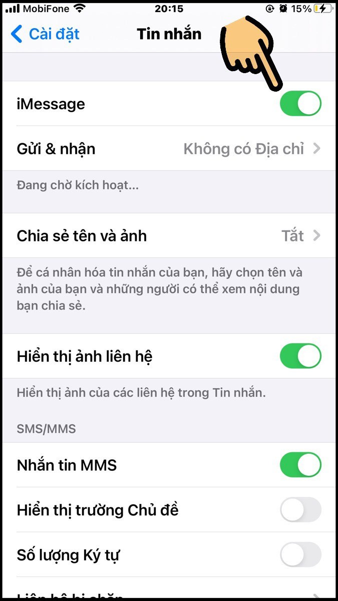 alt text: Bật iMessage trong cài đặt Tin nhắn