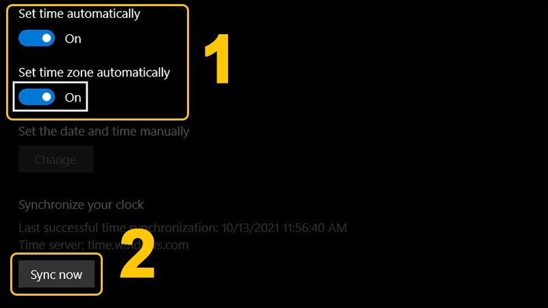 alt text: Bật On ở mục Set time automatically và Set time zone automatically