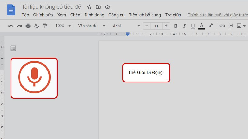 alt text: Biểu tượng micrô màu đỏ trên Google Docs, cho biết tính năng nhập liệu bằng giọng nói đang hoạt động