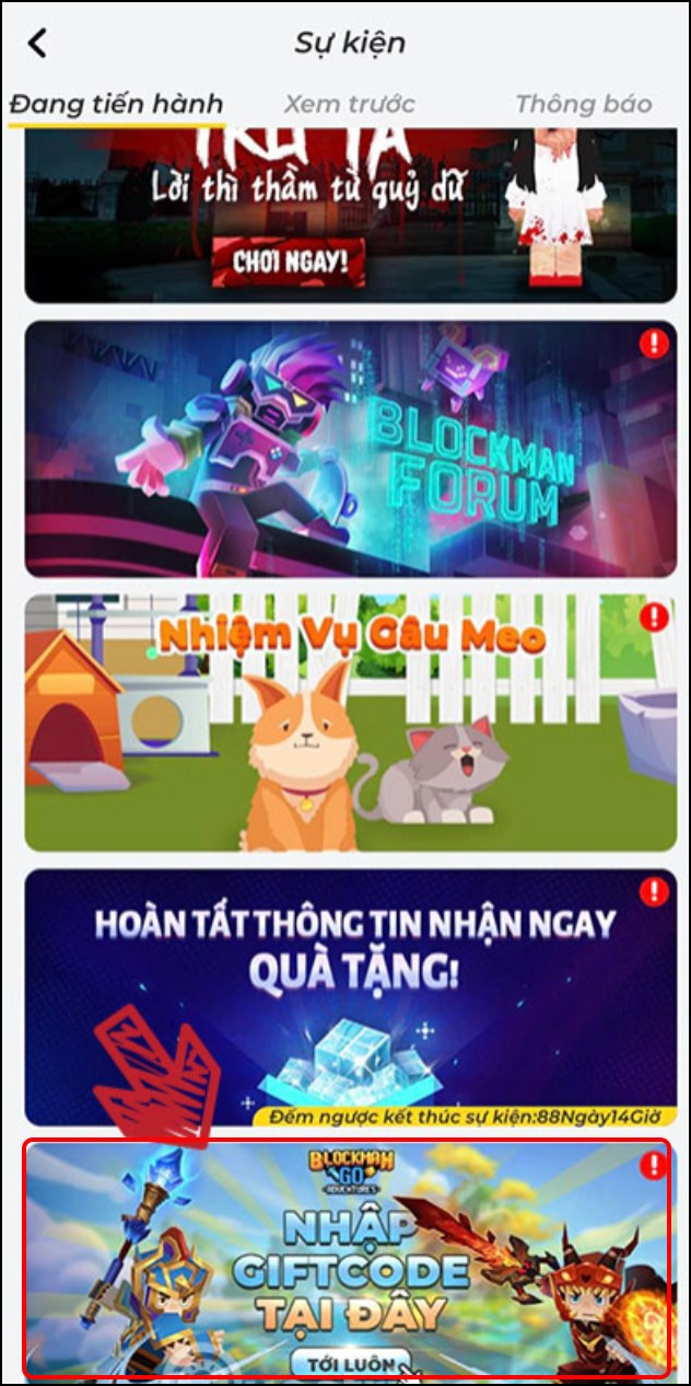 alt text: Bước 2: Chọn mục Nhập Giftcode trong danh sách sự kiện Blockman GO