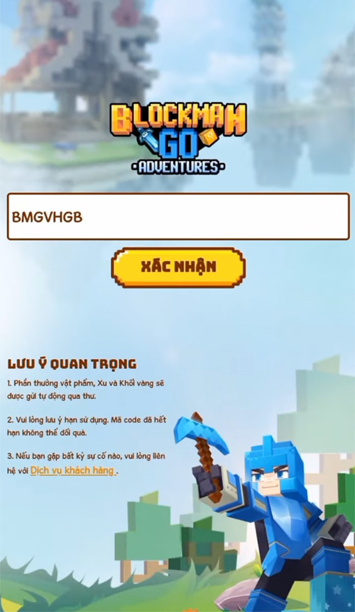 alt text: Bước 3: Nhập code Blockman GO vào ô chỉ định và nhấn Xác nhận