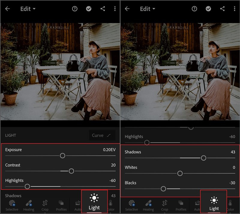 alt text: Các thông số điều chỉnh tone màu trong Lightroom Mobile