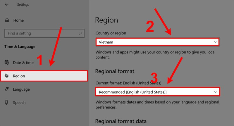 alt text: Cài đặt khu vực trên Windows 10