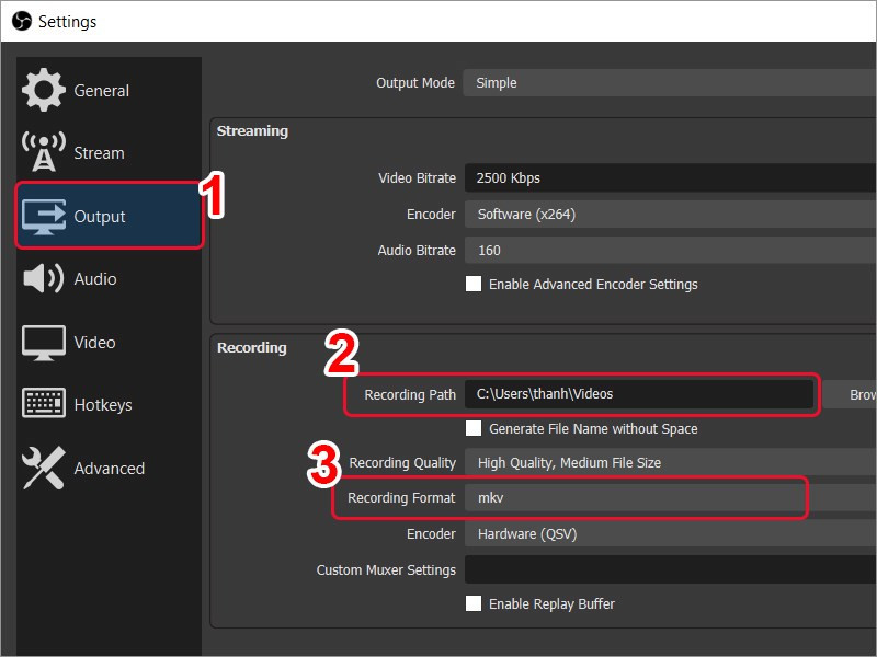 alt text: Cài đặt Output trong OBS Studio, bao gồm đường dẫn lưu trữ và định dạng video