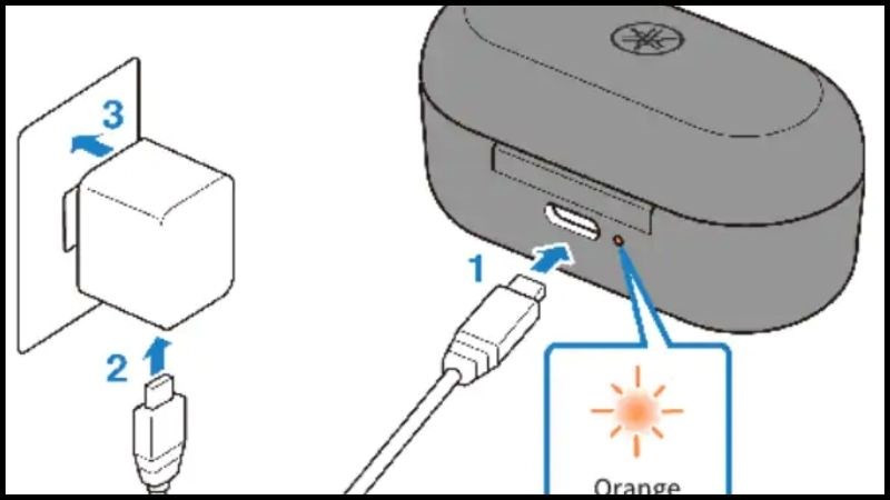 alt text: Cắm dây sạc vào tai nghe Bluetooth