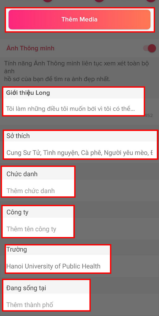 alt text: Chỉnh sửa thông tin cá nhân trên Tinder