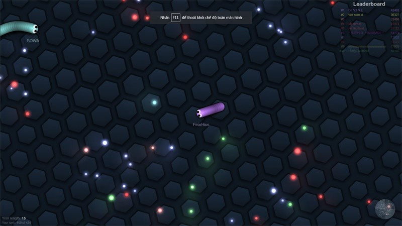 alt text: Chơi Slither.io trên toàn màn hình bằng phím F11