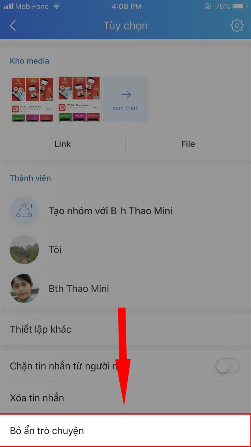 alt text: Chọn Bỏ ẩn trò chuyện