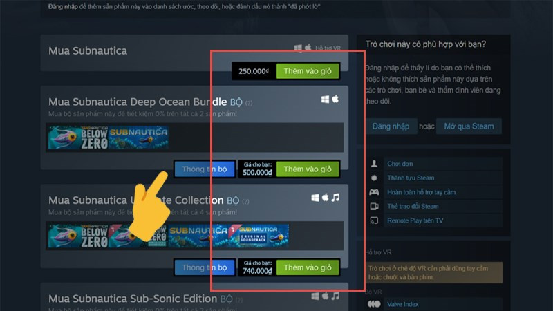 alt text: Chọn gói dịch vụ Subnautica trên Steam