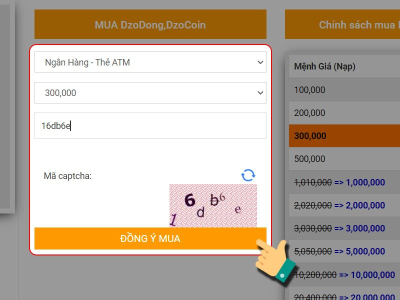 alt text: Chọn mệnh giá và hoàn tất thanh toán DZO DONG